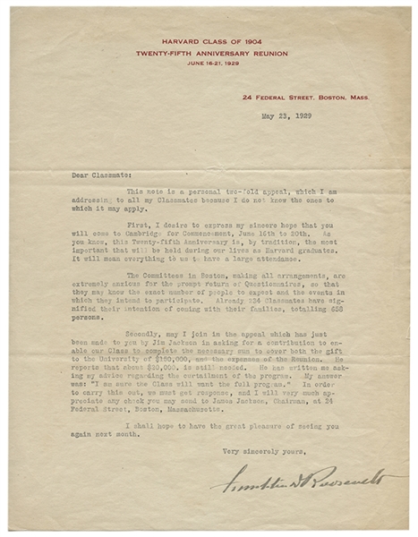 Typed Letter Signed, “Franklin D. Roosevelt,” Addressing Harvard Classmates of 1904. 