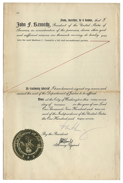 Presidential Pardon Signed by John F. Kennedy. 