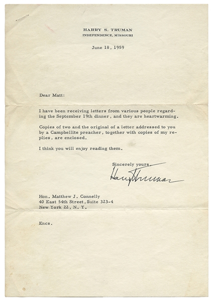 Two signed Harry S. Truman letters, together with an invitation flyer and admission ticket to a Testimonial Dinner for “The Honorable Matthew J. Connelly.” 
