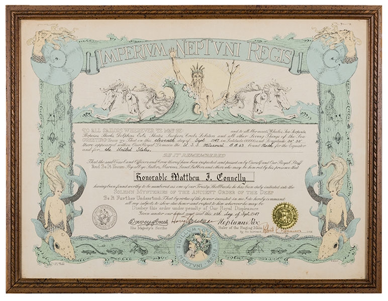 Truman, Harry S. Signed Neptunus Rex Certificate. 