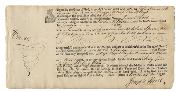 Partly Printed Bill of Lading for White Sperm Oil Shipped by John Hancock. 