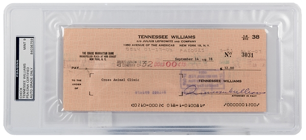 Tennessee Williams Signed Check. 