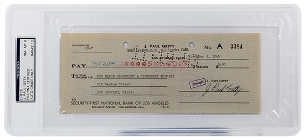 J. Paul Getty Signed Check. 