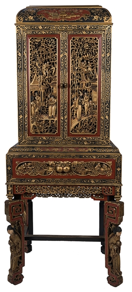 A Large and Ornately Carved Chinese Cabinet on Stand. 