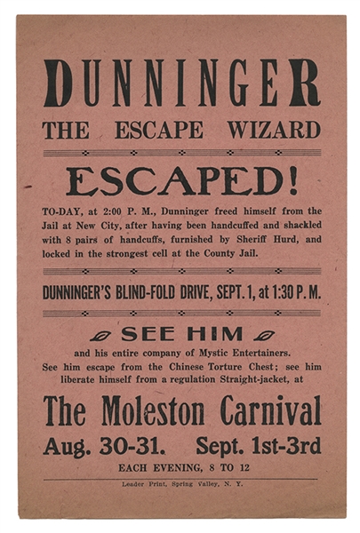 Dunninger Escape Wizard Handbill. Moleston Carnival. 