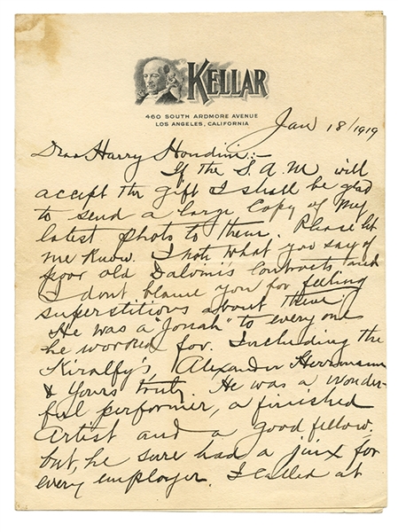 Autograph Letter Signed, “Kellar,” to Harry Houdini. 