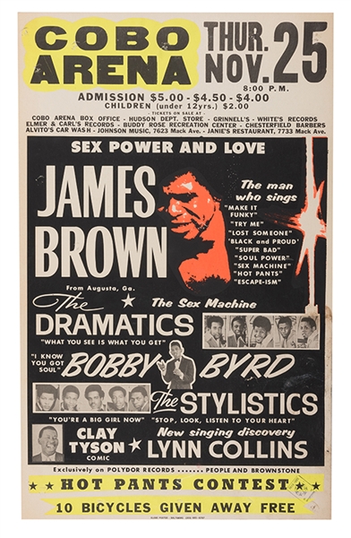 James Brown “Sex Power and Love” Cobo Arena Jumbo Window Card. 