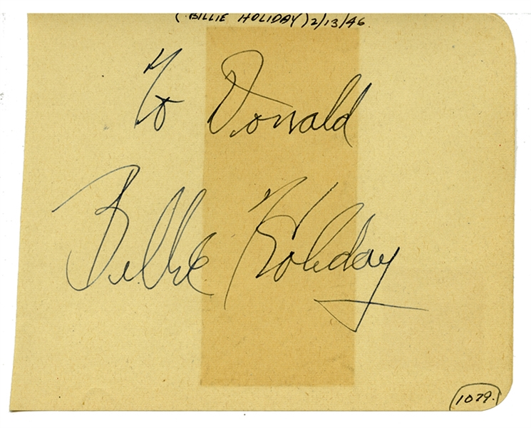 Billie Holiday Signature and inscription on album page. 