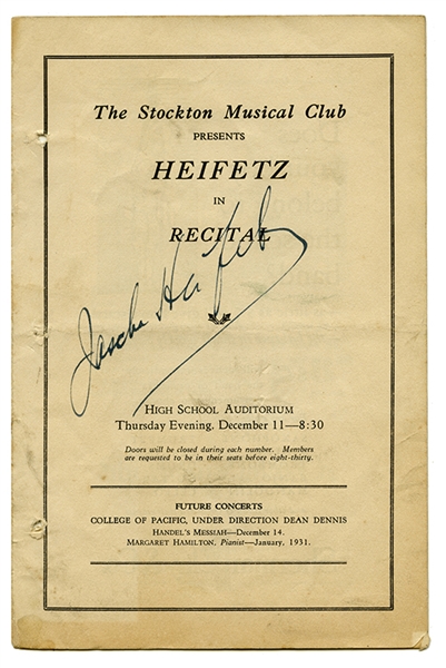 Jascha Heifetz Signature and inscription on program. 