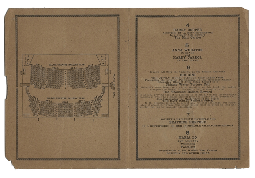 Houdini Palace Music Hall Program. 