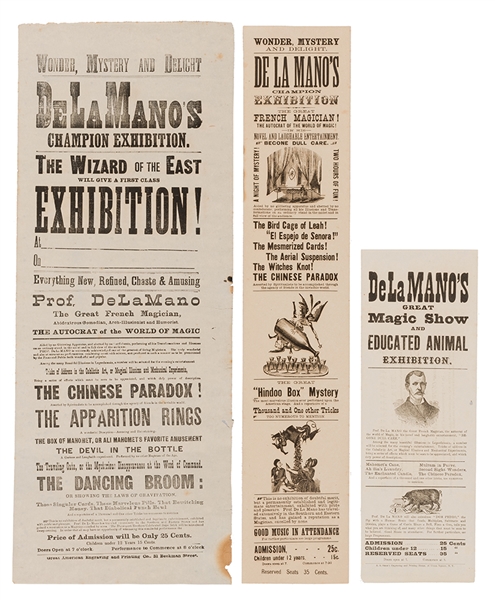 Three Nineteenth Century De La Mano Magic Exhibition Broadsides. 