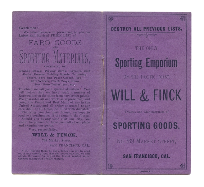 Will & Finck Gambling Catalog in Original Mailing Envelope, and Miscellaneous Ephemera. 