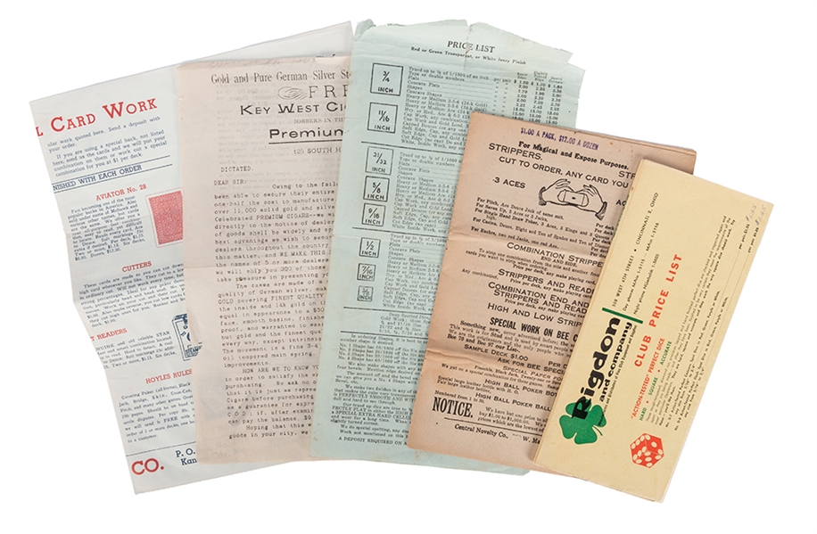 Five Miscellaneous Gambling Supply Flyers. 