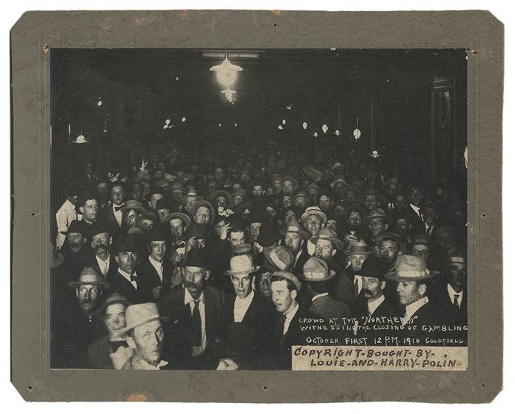Cabinet Photograph of Crowd at Northern Casino in Goldfield, Nevada on Oct. 1, 1910 at Midnight. 