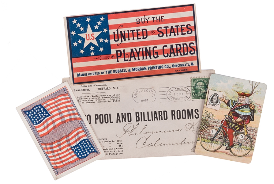 Three Playing Card Trade Cards and One Envelope Advertising Pool, Billiards and Playing Cards. 