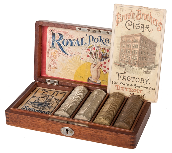 Royal Poker Set & Deck of Russell 7-11 Steamboat Playing Cards. 