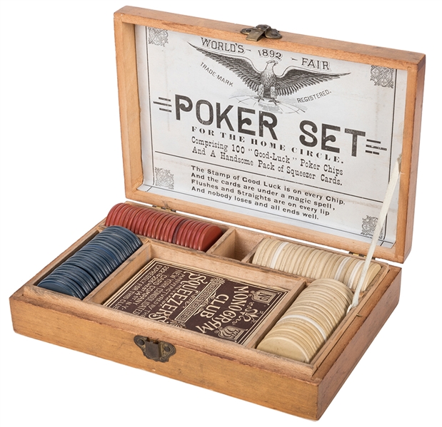 1892 World’s Fair Set of 97 Clay Poker Chips, Pack of NYCC No. 335 Squeezer Playing Cards and Original Wood Case. 