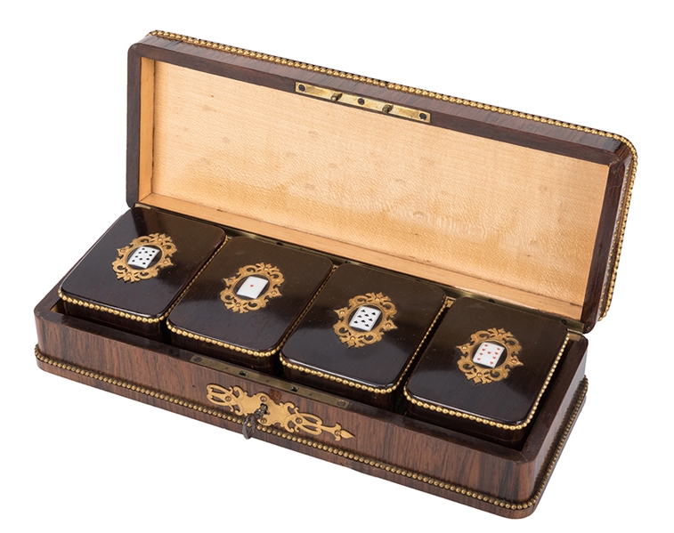 Cased set of Bone Game Chips in Wood & Brass Case. 