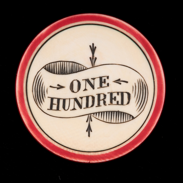 “One Hundred” Oversized Scrimshawed Ivory Poker Chip. 