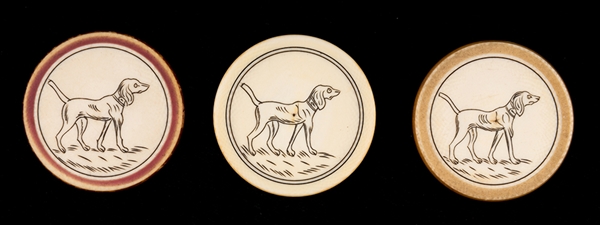 Set of Three Scrimshawed Ivory Poker Chips with Dog on One Side and Chicken on Verso.