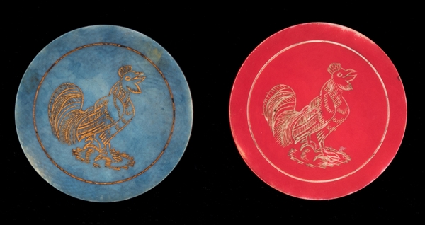 Pair of Scrimshawed Ivory Poker Chips with Initials “MC” and Rooster on Verso. 