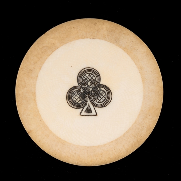 Ivory Poker Chip with Scrimshawed Club Design. 