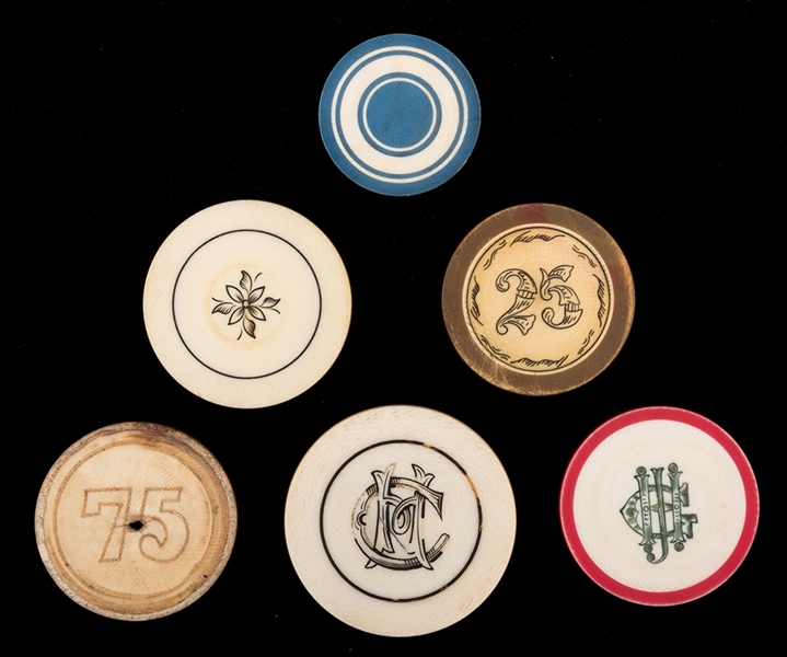 Six Miscellaneous Scrimshawed Ivory Poker Chips. 
