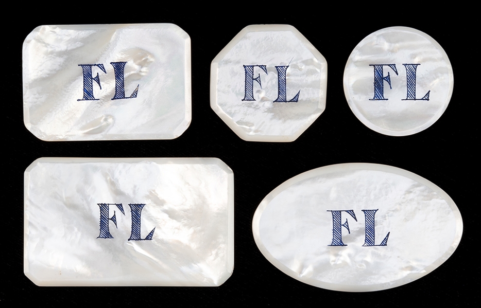 Five Engraved Mother of Pearl Plaques with Initials “F.L.” 