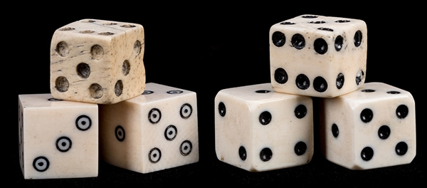 Two Pair of Ivory Dice & One Pair of Bone Dice. 