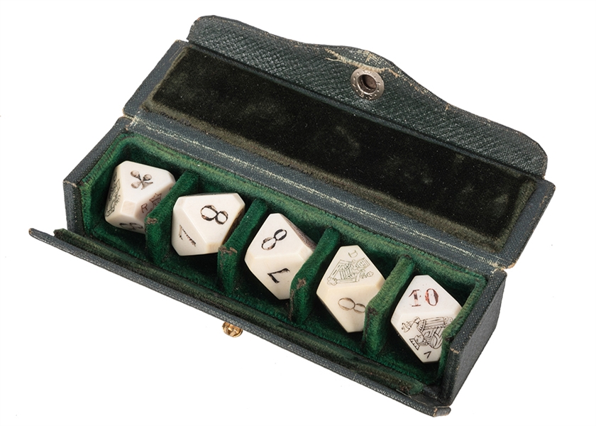 Five Triangular Scrimshawed Ivory Dice in Felt Lined Leather Case.