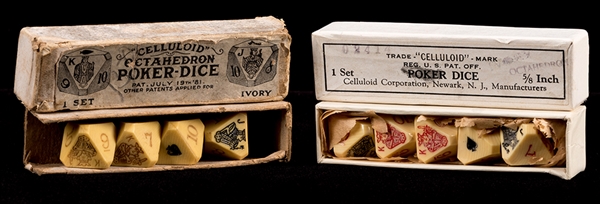 Two Sets of Celluloid Octahedron Poker Dice in Original Boxes. 