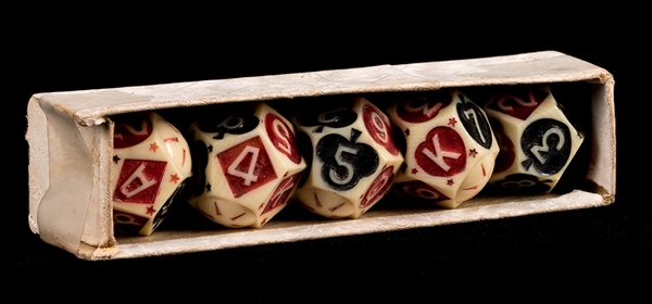 Set of Five Decahedron Celluloid Poker Dice. 