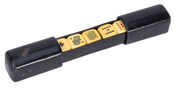 Set of Five Bakelite Poker Dice in Original Leather Case. 