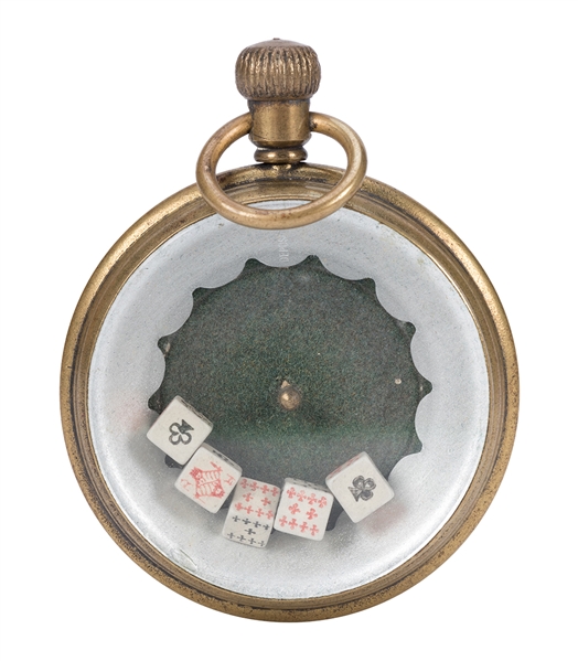 Dice Gambling Brass Pocket Watch with Five Poker Dice. 