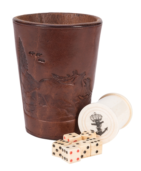 Contemporary Ivory Dice Holder with Six Dice and Leather Dice Cup. 