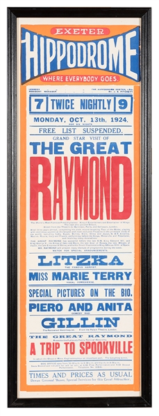 Great Raymond Exeter Hippodrome Playbill and Two Other Framed Posters.