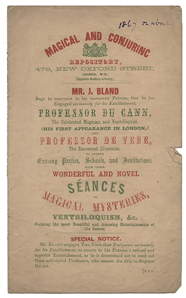 Magic and Conjuring Repository. Mr. J. Bland Has Engaged Professor Du Cann and Professor De Vere.