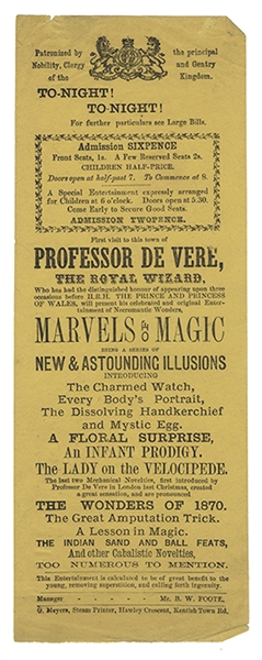 Professor De Vere Royal Wizard Conjuring Handbill.