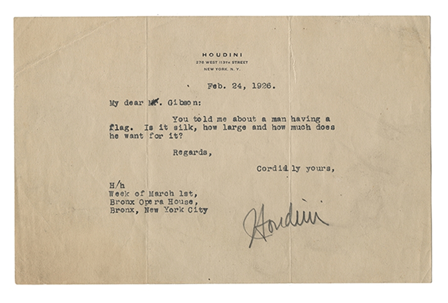 Houdini Typed Letter Signed to Walter Gibson.