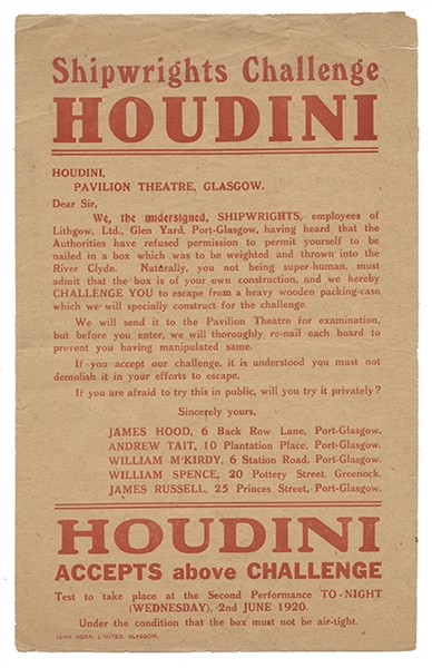 Shipwrights Challenge Houdini Escape Handbill.