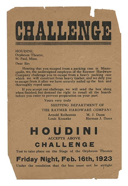 Houdini Orpheum Theatre Packing Case Escape Challenge Handbill.