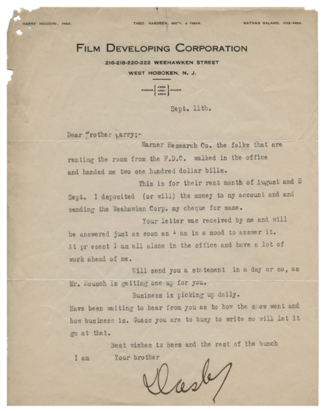 Letter from Hardeen to Houdini Regarding Film Developing Corp. Letterhead, Signed “Dash.”