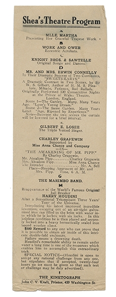 Houdini Shea’s Theatre Program Handbill.