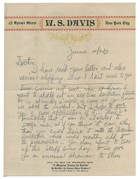 Letter from W.S. Davis to Houdini, Suggesting a New Act.