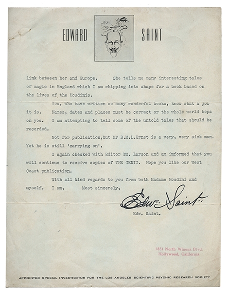 Letter from Edward Saint to Will Goldston Regarding “Madame Houdini Speaks.” Houdini S.A.M. Stage Program Card Fan.