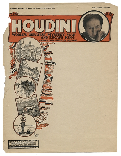 Houdini Letterhead. World’s Greatest Mystery Man and Escape King.