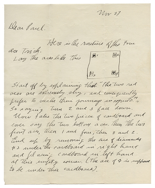 Four Ace Trick” Routine Manuscript Sent to Paul Le Paul.