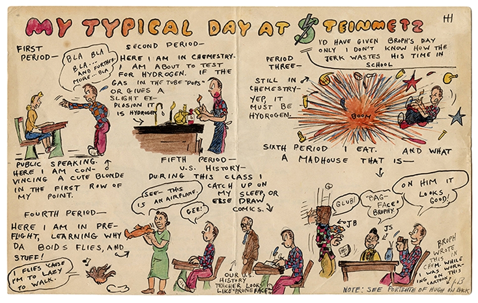 Original High School Cartoon, “My Typical Day at Steinmetz,” by Hugh Hefner.