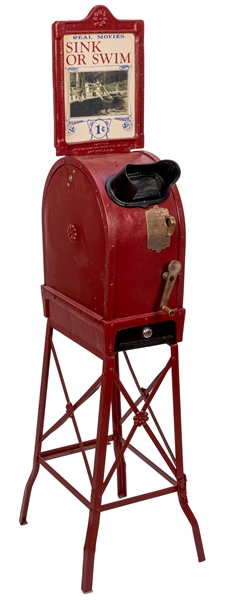 Tin Mutoscope 1 Cent With “Sink or Swim” Reel on Wire Stand.