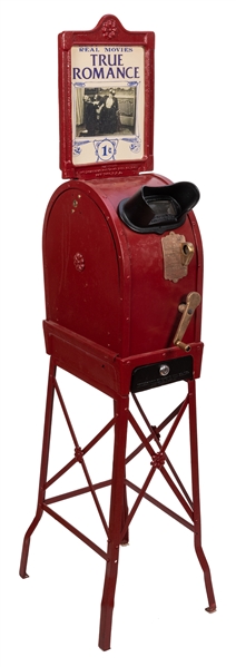 Tin Mutoscope 1 Cent With “True Romance” Reel on Wire Stand.